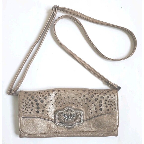 Kathy Van Zeeland Textured Gold Clutch Purse Crossbody W/Rhinestone Crown - Picture 1 of 8